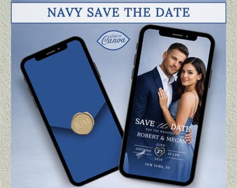 Laden Sie Save The Date Video Hochzeitseinladung ein, dunkelblau bearbeitbare Canva-Vorlage Digitaler Download