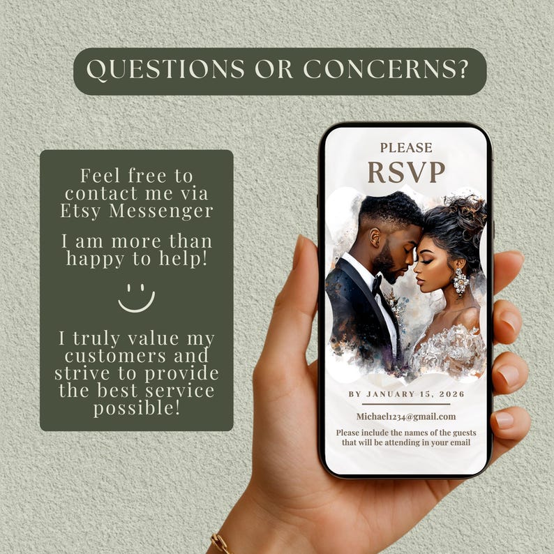 May include: A smartphone displays a wedding RSVP invitation with a watercolor illustration of a couple. The screen reads "PLEASE RSVP" and includes the date "BY JANUARY 15, 2026". A green box on the left side has text about customer service.