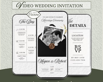 Video Wedding Invitation, Minimalist Black Elegant video Invite, Editable Canva Template, Digital Download