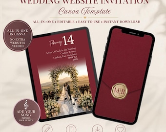Burgundy Wedding Website Canva Template, Animated Video Invitation, RSVP (Digital Download)