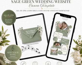Sage Green Floral Wedding Website Template, Editable Canva Invitation (Digital Download)