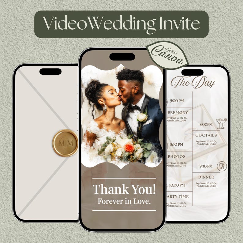 May include: A digital wedding invitation on a smartphone screen. The invitation features a watercolor painting of a kissing couple, floral bouquet, and event details. The text "Thank You! Forever in Love" is displayed.