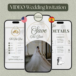 Könnte beinhalten: Eine digitale Hochzeitseinladung auf drei Smartphones. Das zentrale Telefon zeigt "Save The Date" mit einer Braut. Das linke Telefon zeigt Hochzeitsdetails, und das rechte Telefon listet Zeremonie- und Cocktailzeiten auf.