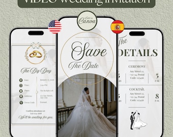 Video Hochzeitseinladungsvorlage: Englische und Spanische animierte Einladung (Canva bearbeitbar, Sofort-Download)