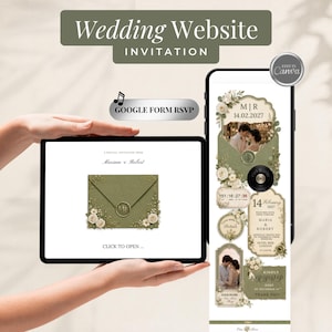 May include: A digital wedding website invitation template displayed on a tablet and smartphone. The design features sage green envelopes, floral accents, and text including "Wedding Website Invitation," "Mariam & Robert," and "Google Form RSVP."