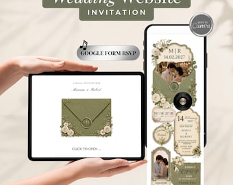 Olive Sage Wedding Website Template, Interactive Canva Invitation with Trackable RSVP Link and Music, Editable, Instant Download