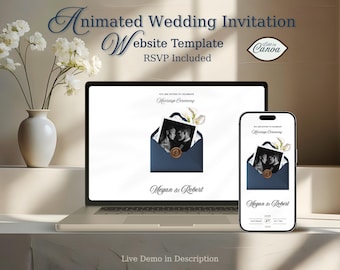 Web Wedding Animated Invitation Canva Template, Easy RSVP, Customizable, Digital Download, Navy Blue