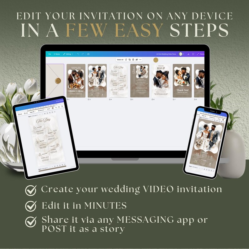 May include: A digital wedding invitation design displayed on a laptop, tablet, and smartphone. The text reads "EDIT YOUR INVITATION ON ANY DEVICE IN A FEW EASY STEPS." Additional text includes "Create your wedding VIDEO invitation, Edit it in MINUTES, Share it via any MESSAGING app or POST it as a story."