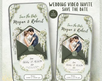 Elegantes Grünes Hochzeit Video Einladungs-Einladung, Save the Date Vorlage (Digitaler Download)