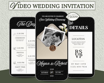 Elegante Hochzeitsvideoeinladung, schwarz beige, bearbeitbare Canva-Vorlage (digitaler Download)