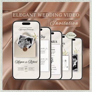 May include: A digital wedding invitation displayed on a smartphone, featuring a photo of a couple, event details, and the text "Elegant Wedding Video Invitation." The design includes floral accents and a neutral color palette.