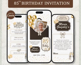 Elegant 85th Birthday Invitation, Gold & Brown Video Invite, Luxury Minimalist Canva Template, Digital Download