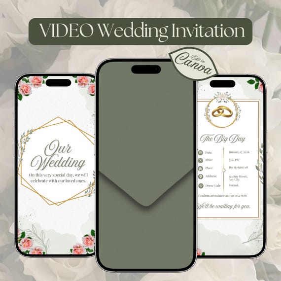 Template Wedding Video Invitation: Elegant Floral Digital Wedding, WhatsApp Invite (Canva Editable)