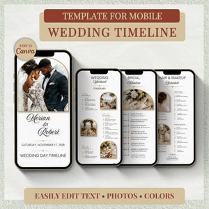 Può includere: Un modello di programma di matrimonio mobile visualizzato su tre smartphone. Il primo telefono mostra una coppia, il secondo un itinerario di matrimonio e il terzo una sequenza temporale nuziale. Il testo include "Wedding Timeline" e "Easily Edit Text • Photos • Colors."