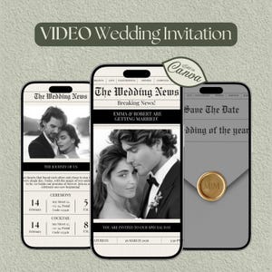 May include: Three smartphones displaying a wedding invitation. The central phone shows a newspaper-style design with the headline "Breaking News!" and a photo of a couple. The text reads "Emma & Robert are getting married!" and "You are invited to our special day."