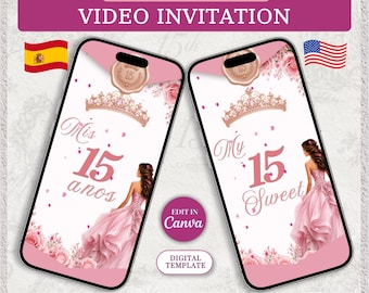 Quinceañera Video Invitation Canva Template | Pink Princess Sweet 15 (Digital Download)