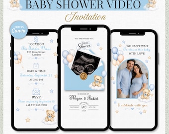 Dusty Blue Teddy Bear Boy Baby Shower Video Invitation: Canva Template (Digital Download)