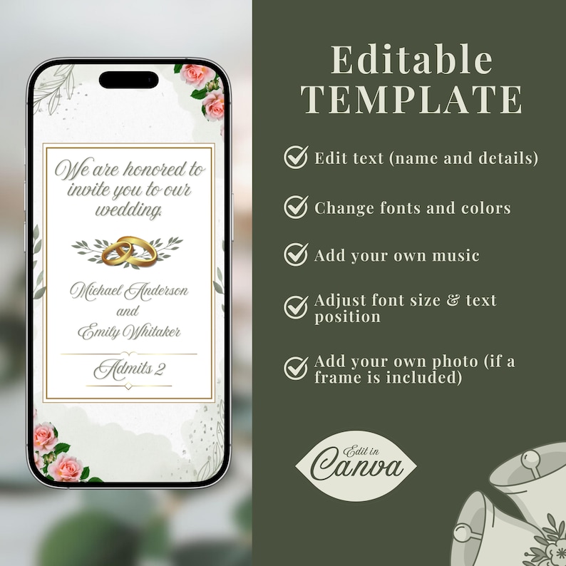 Template Wedding Video Invitation: Elegant Floral Digital Wedding, WhatsApp Invite (Canva Editable) image 3