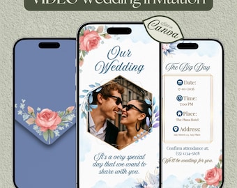 編集可能なデジタル結婚式ビデオ招待状：エレガントなアニメーションWhatsApp招待状（Canvaテンプレート）