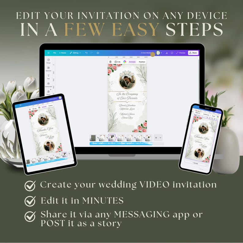 Template Wedding Video Invitation: Elegant Floral Digital Wedding, WhatsApp Invite (Canva Editable) image 9
