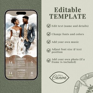 May include: A digital wedding invitation template on a smartphone screen. The design features a watercolor illustration of a couple, event details, and the text "Editable TEMPLATE". The template is customizable in Canva.