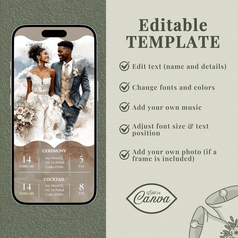 May include: A digital wedding invitation template on a smartphone screen. The design features a watercolor illustration of a couple, event details, and the text "Editable TEMPLATE". The template is customizable in Canva.