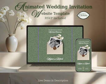 Hochzeitseinladung Web Vorlage, animierte Einladung, einfache Antwort, anpassbar, digitaler Download, Olive