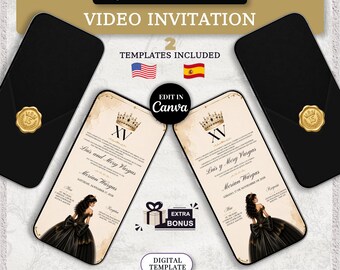 Black Gold Royal Quinceanera Video Invitation, XV Anos Crown Princess Digital Invite, Animated Mis Quince Canva, Instant Download