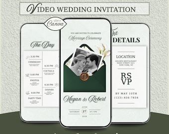 Animiertes Hochzeitseinladungsvideo, salbeigrün einladen, bearbeitbare Canva-Vorlage, digitaler Download