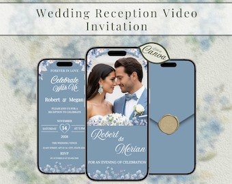 Hochzeitsfeier-Video-Einladung: Dusty Blue Flowers Mobile Invite , (bearbeitbare Canva-Vorlage)