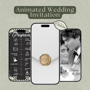 Op de afbeelding: Drie smartphones met ontwerpen voor huwelijksuitnodigingen. Eén toont een programma met pictogrammen, een ander een zegel met initialen en de laatste een stel met de tekst "Thank You! Forever in Love." De tekst "Animated Wedding Invitation" staat bovenaan.