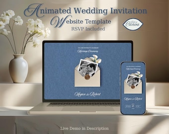 Hochzeitseinladung Website Canva Vorlage, animierte Einladung, einfache Antwort, anpassbar, digitaler Download, Marineblau