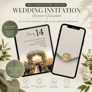 Può includere: Un modello digitale di invito a nozze Canva visualizzato su un tablet e uno smartphone. Il tablet mostra un evento il 14 febbraio a Carlton Towers, mentre il telefono mostra una busta color crema con un sigillo di ceralacca dorato.