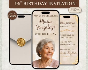 Elegant Gold Floral 95th Birthday Video Invitation: Canva Template (Digital Download)