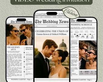 Editable Wedding Newspaper Video Invitation: Animated Wedding Gazette, WhatsApp RSVP (Canva Template)