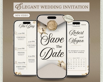 Animiertes Hochzeitseinladungsvideo, elegante digitale Einladung, bearbeitbare Canva-Vorlage, moderne neutrale mobile Einladung