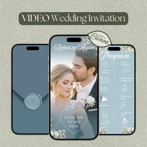 Puede incluir: Una invitación de boda digital que se muestra en tres teléfonos inteligentes. El teléfono central muestra una pareja con el texto "Robert & Megan" y "Invite you to join them". El teléfono de la derecha muestra un programa de boda. El banner superior dice "VIDEO Wedding Invitation."