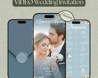 Video Hochzeitseinladungsvorlage: Blaues animiertes Evite (Canva Bearbeitbar, Digitaler Download)