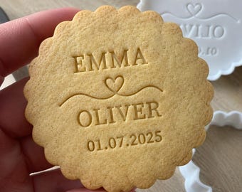 Tampon à biscuits de mariage personnalisé avec noms et date, emporte-pièce pour cadeaux de mariage, enterrement de vie de jeune fille et biscuits personnalisés