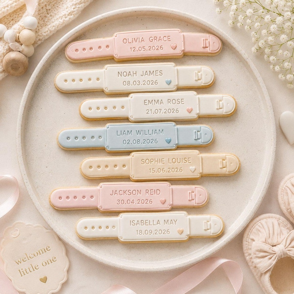 Personalized Newborn Hospital Bracelet Cookie Cutter, Custom Baby Name and Birth Date Stamp for Birth Announcements