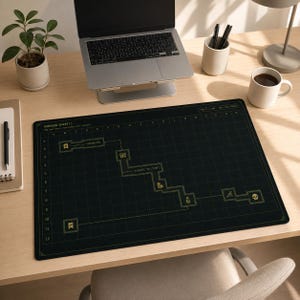 Può includere: Tappetino per mouse da gioco nero con motivo a griglia e design a mappa del dungeon. La mappa presenta un percorso con icone e il testo "DUNGEON SHEET()". Sono visibili anche un laptop, una tazza di caffè e accessori da scrivania.
