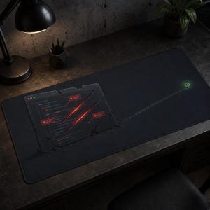 May include: Black rectangular mouse mat featuring a graphic of a cracked computer screen displaying code and red slashes. A green checkmark icon is on the right. The mat is on a dark desk with a desk lamp and a small potted plant.