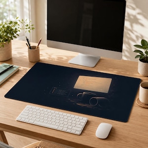 May include: A dark blue desk mat featuring a computer-themed illustration with a glowing screen, coffee mugs, and a keyboard. A white keyboard and mouse are in the foreground. The mat is on a wooden desk.