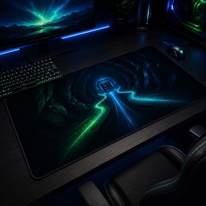 May include: A large black rectangular gaming mouse pad with a vibrant, abstract design. The design features a tunnel-like structure with green and blue glowing lines emanating from a central point. The pad is on a dark wooden desk.