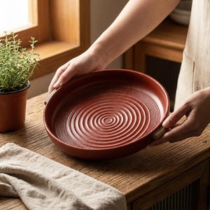 May include: A round, reddish-brown wooden serving tray with a concentric circle design. The tray has a handle and is held by a person. The tray is on a wooden surface.