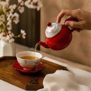 Red Ceramic Teapot with Lid, Small Japanese Style Tea Pot, Minimalist Floral Kettle, Aesthetic Kitchen Decor, Gift for Tea Lovers