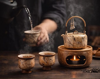Handmade Ceramic Tea Set with Warmer | Elegant Marble Teapot & Cups | Luxury Gift for Tea Lovers