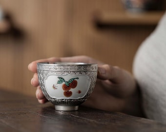 Handmade Silver Porcelain Teacup, Lychee Art, Gongfu Tea, 100ml