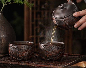 宜興粘土茶碗セット、手彫り紫砂功夫茶碗、龍蓮レリーフ陶器茶碗、ユニークな職人ギフト