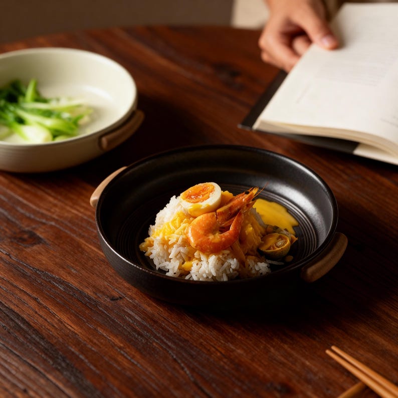 May include: A black bowl of rice topped with shrimp, a sliced hard-boiled egg, and a yellow sauce. A second bowl with green vegetables is in the background. The food is on a dark wooden table.